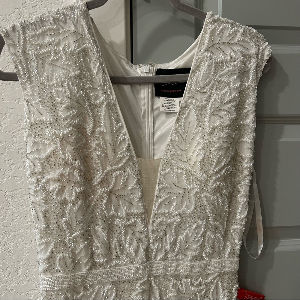 New Mac Duggal White Leaf Embroidered Beaded Gown - Picture 3 of 9